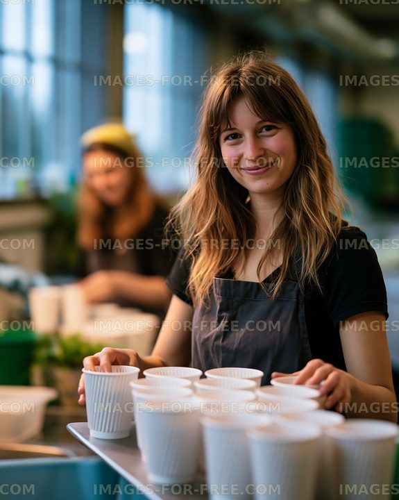 Woman serving drinks in a cafe during the day