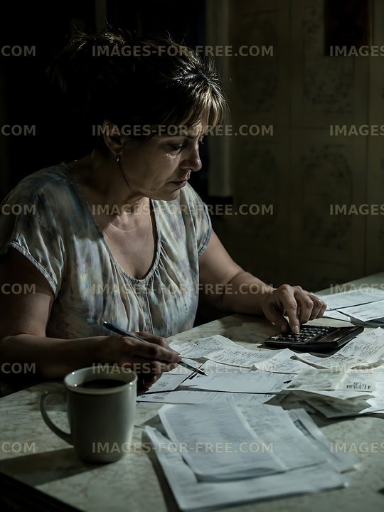 Woman working on finances at a table in dim light