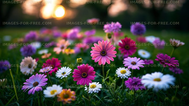 Colorful flowers blooming at sunset in a park