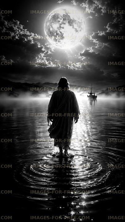 Man walking on water under a full moon