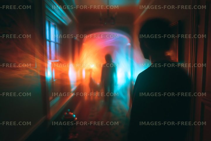 Figures walking in a hallway with colorful light effects