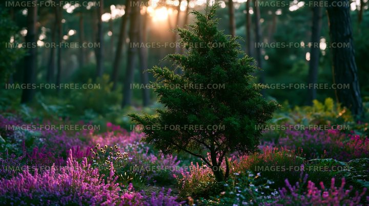 Sunlight shining through trees in a vibrant forest scene