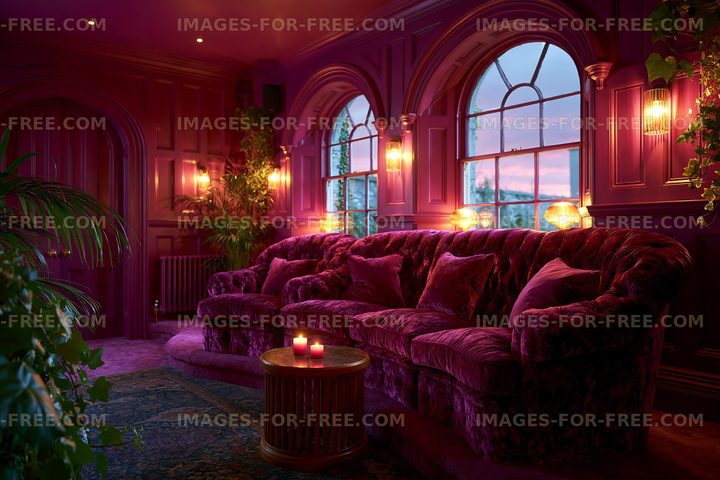 Elegant living room with purple decor and soft lighting