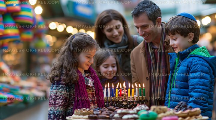 Family enjoying Hanukkah celebration at a market