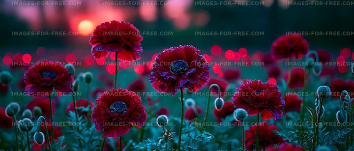 Red poppy flowers in a field at sunset