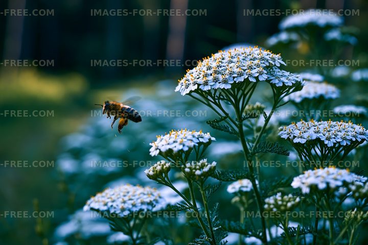 Bee flying near white flowers in a green meadow