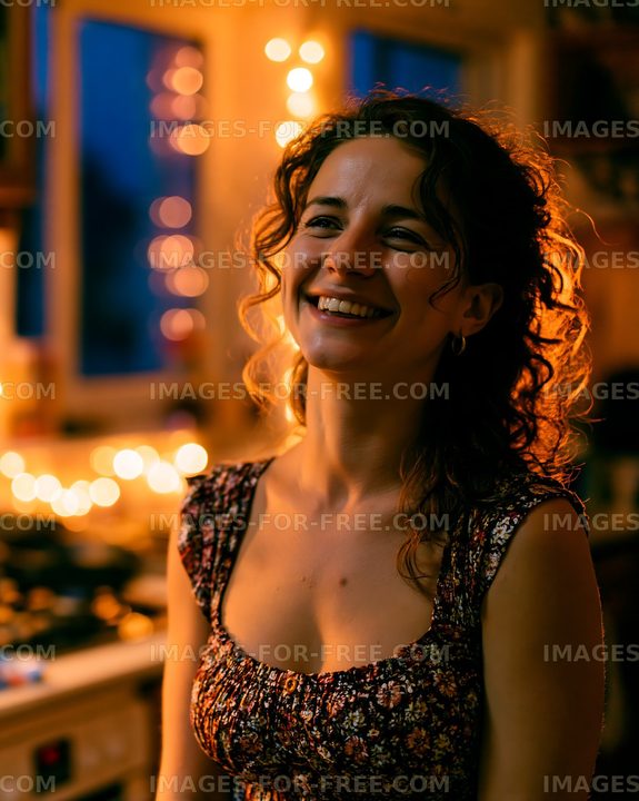 Woman smiling in a cozy kitchen with warm lights in the background