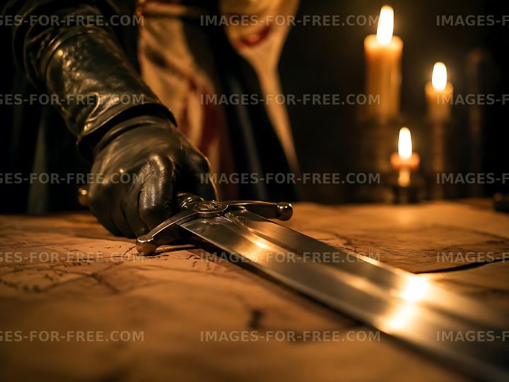 Close-up of a soldier's hand on a sword and old map