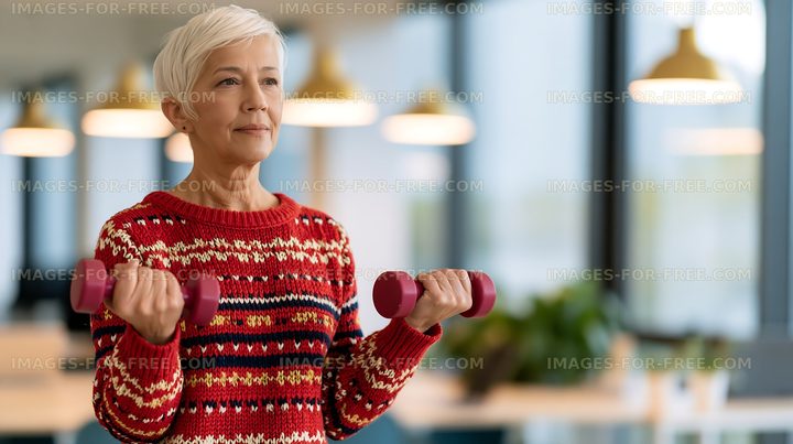 Older woman exercising with dumbbells in a bright gym setting