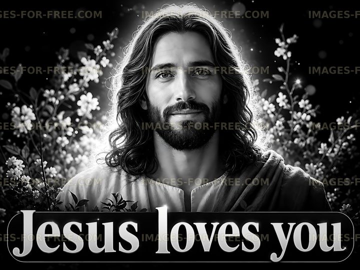 Jesus on black and white background with flowers