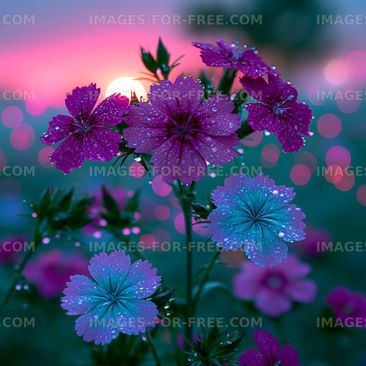 Colorful flowers with dew at sunset in a garden