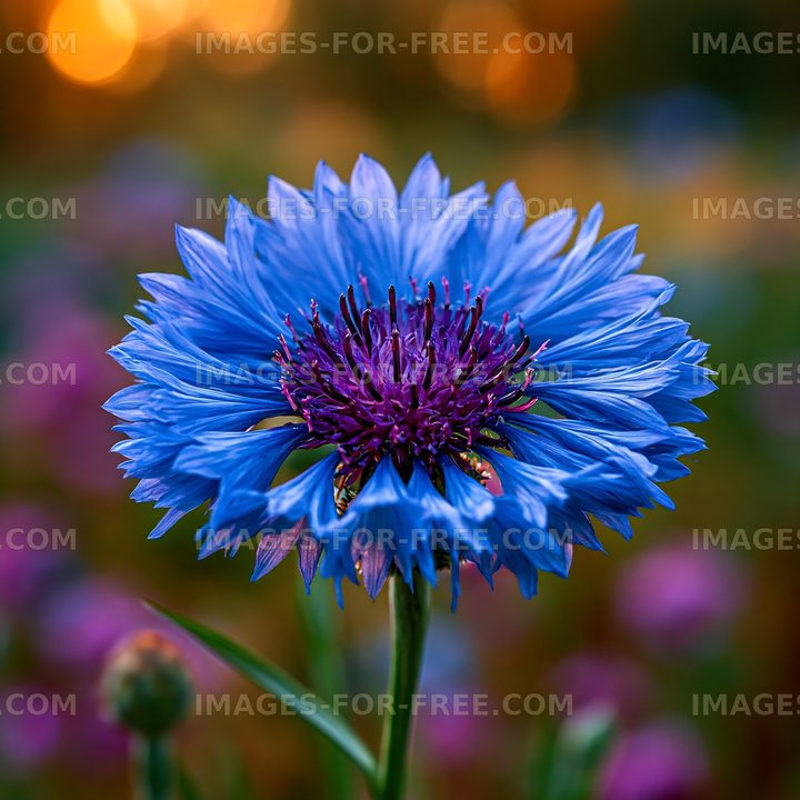 Blue flower with purple center in a colorful garden