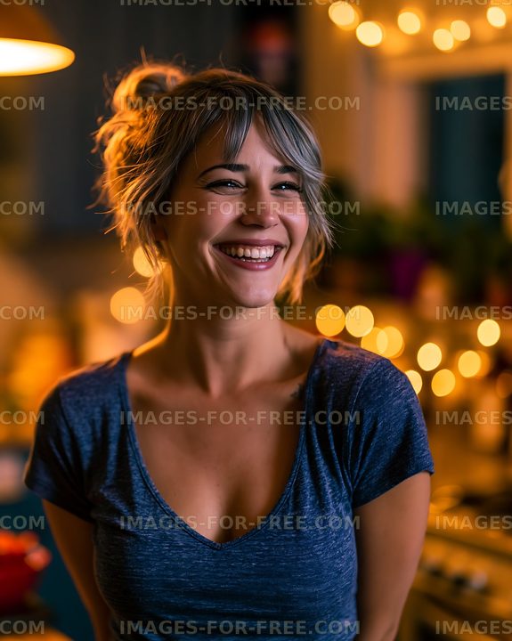 Smiling woman in a kitchen with glowing lights