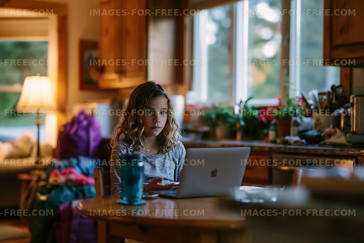 Girl using laptop at kitchen table in cozy home setting