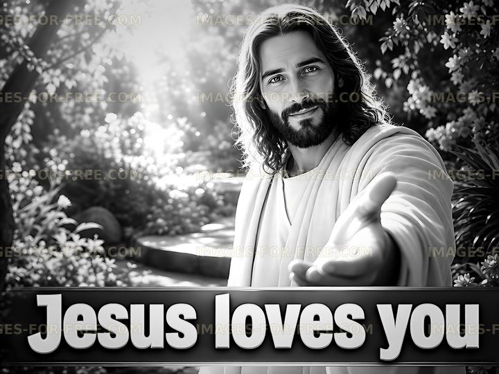 Jesus offering love with open hand in natural setting