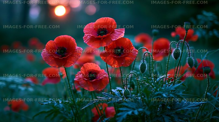 Bright red poppies blooming at sunset in a garden