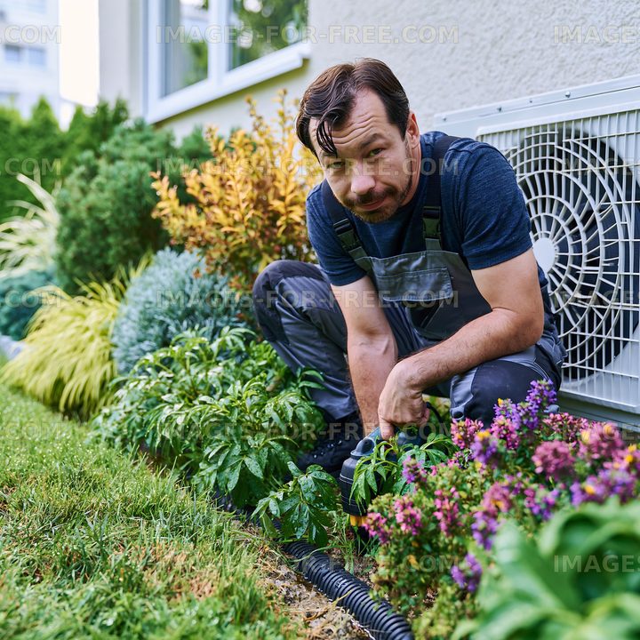 Gardener trimming plants near an air conditioning unit