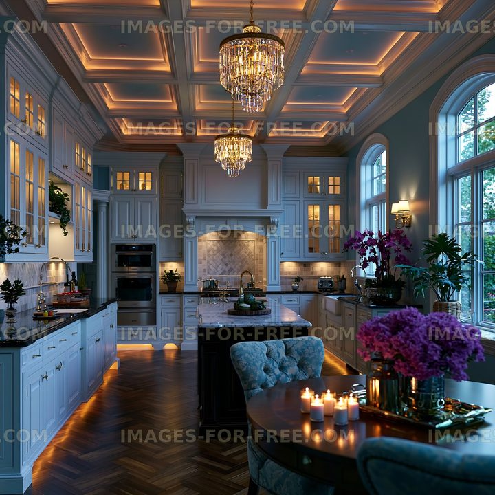Modern kitchen with elegant lighting and decor