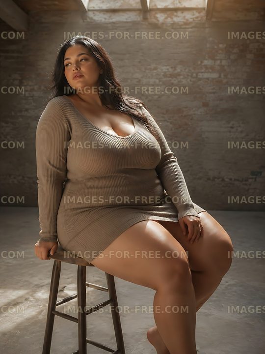 Model sitting on stool in a studio with natural light