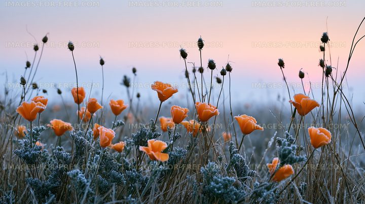Orange flowers grow in frosty grass at sunrise