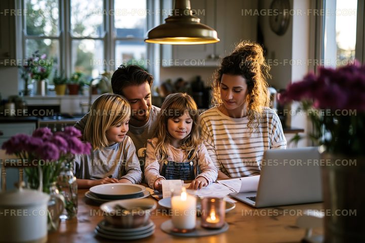 Family spending time together at table in cozy kitchen