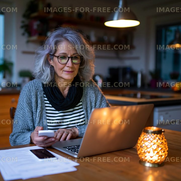 Woman using laptop at home in evening