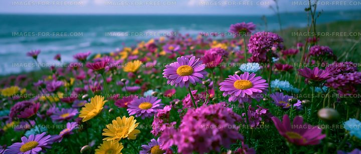 Colorful wildflowers by the ocean shore in spring