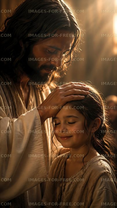 Man with long hair touching girl's head in a warm setting