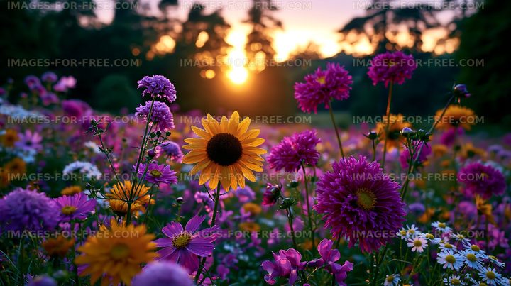 Vibrant wildflowers in a field during sunset