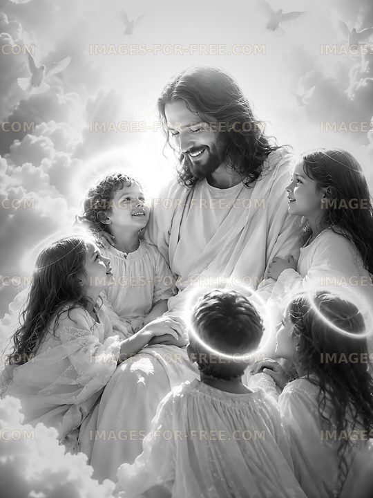Jesus surrounded by children in a bright heavenly setting
