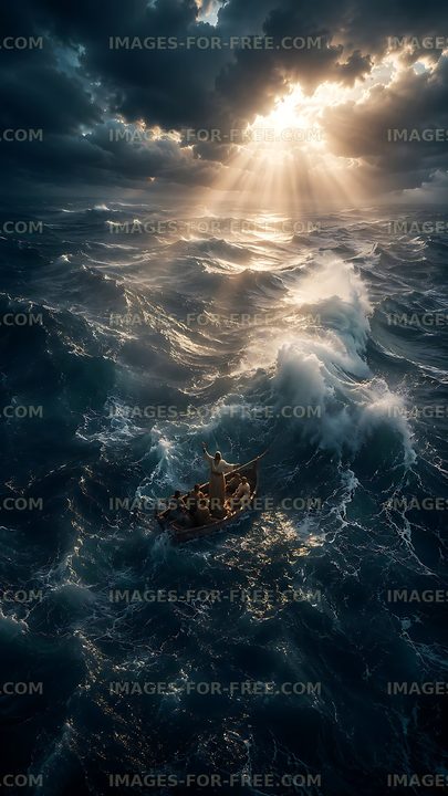 Boat navigating through stormy seas under dramatic sky