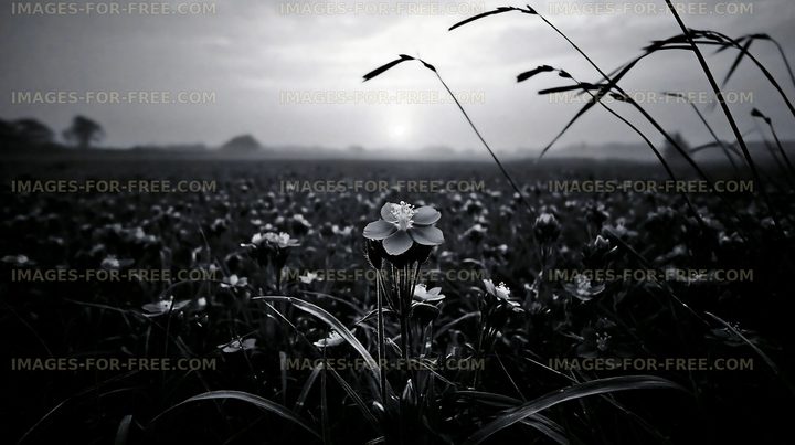 Black and white flowers in a field at sunset