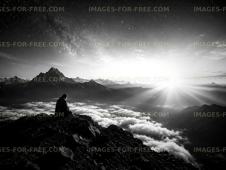 Silhouette of a person sitting on a mountain at sunrise