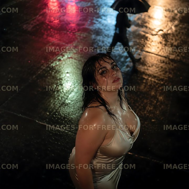 Model standing on wet street at night during rain