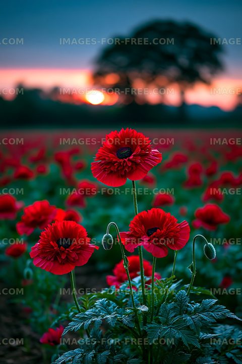 Red poppies blooming at sunset in a flower field