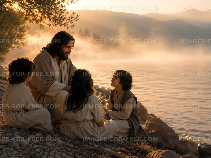 Jesus talking with children by the riverside at sunrise