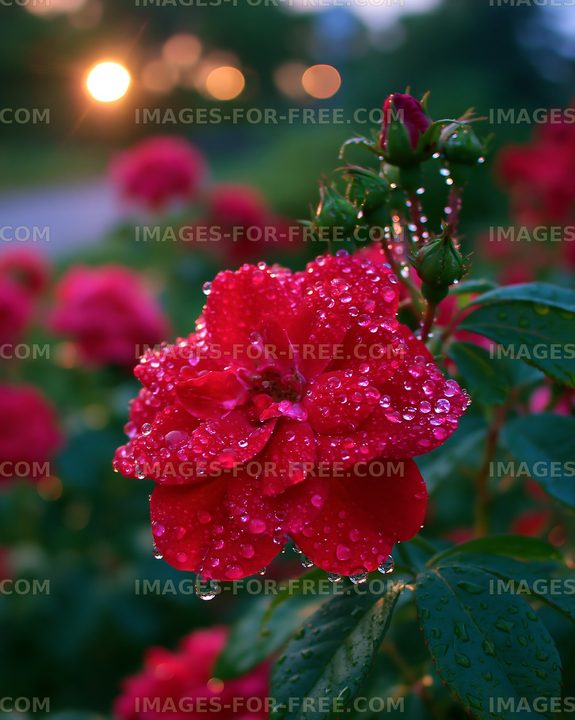 Red rose with water droplets in garden at sunset