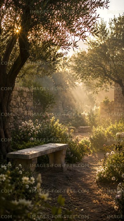 Sunlight beams through trees in a garden with a stone bench