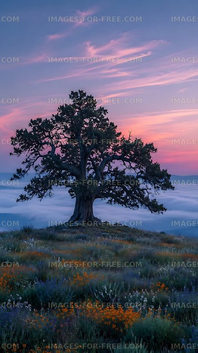 Majestic tree on hillside during colorful sunset