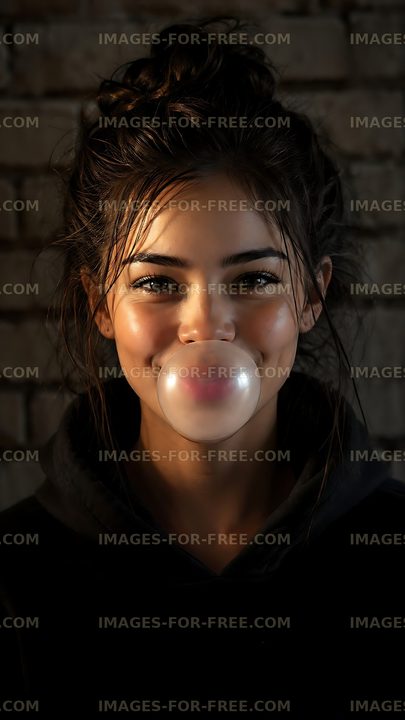 Woman blowing bubble gum in urban setting