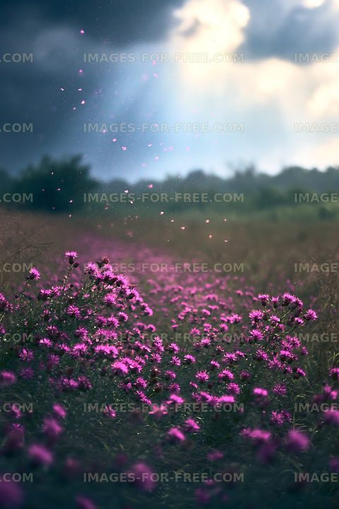 Wildflowers blooming in open field under cloudy sky