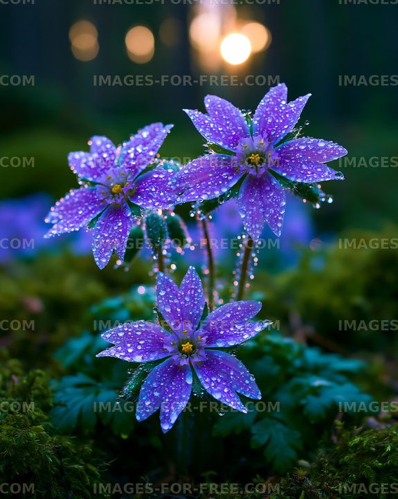 Purple flowers with water droplets in forest at sunset