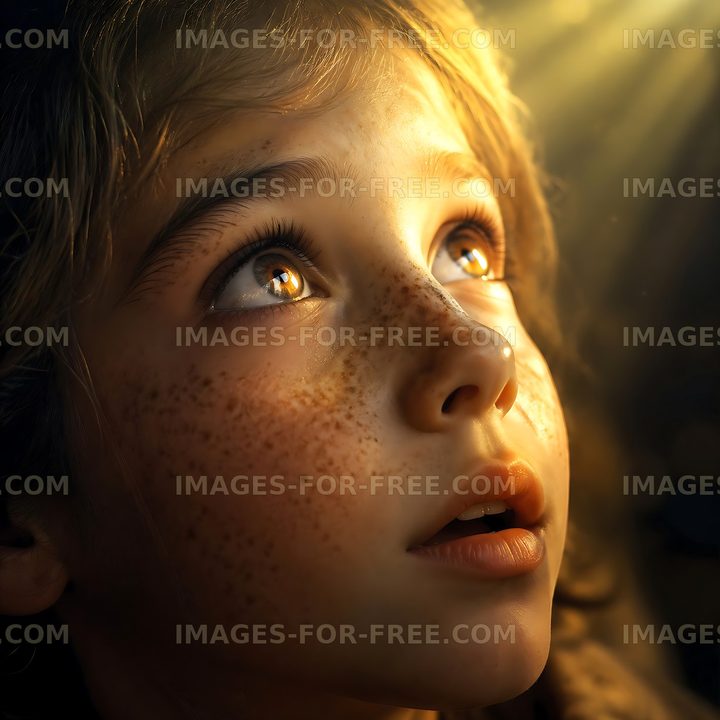 Child looking up with bright eyes and freckles in warm light