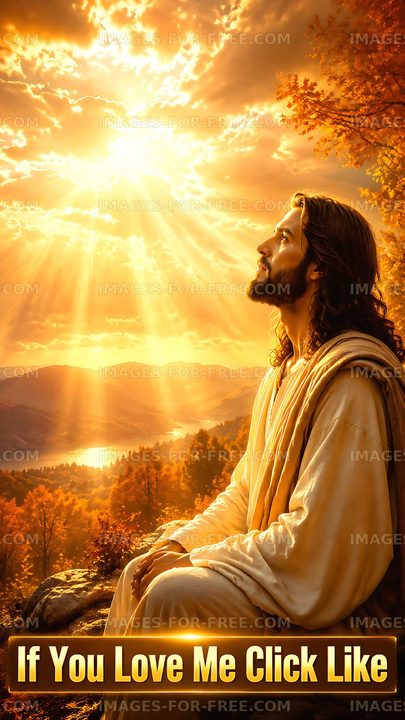 Sunlit figure meditating by mountain lake during sunset