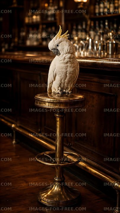 Cockatoo perched on a stool in a vintage bar setting