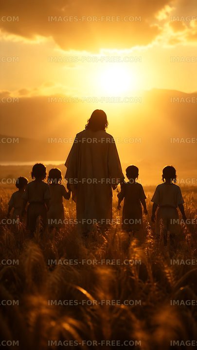 Walking in the fields at sunset with children