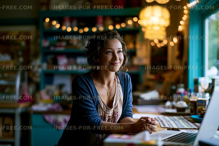 Woman smiling while working at a table in a cozy shop