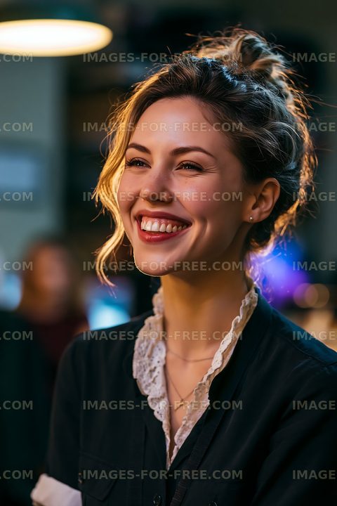Woman smiling in a dimly lit indoor setting