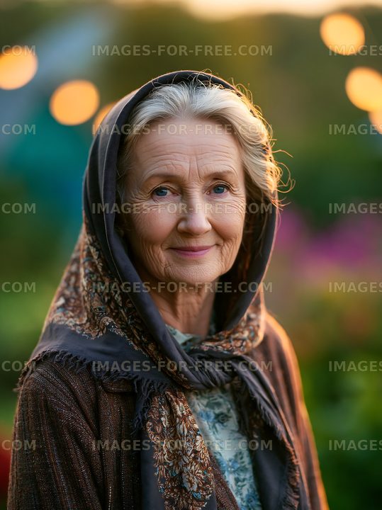 Elderly woman smiling in a garden with warm lights around her