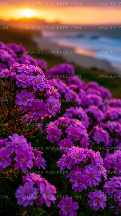 Purple flowers by the seaside at sunset